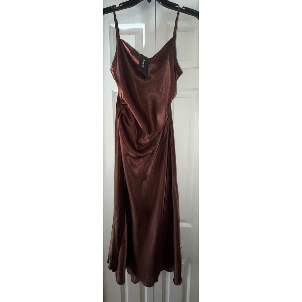 Bebe Women Brown Satin Cowl Neck Ruched Midi Dress - Picture 2 of 8